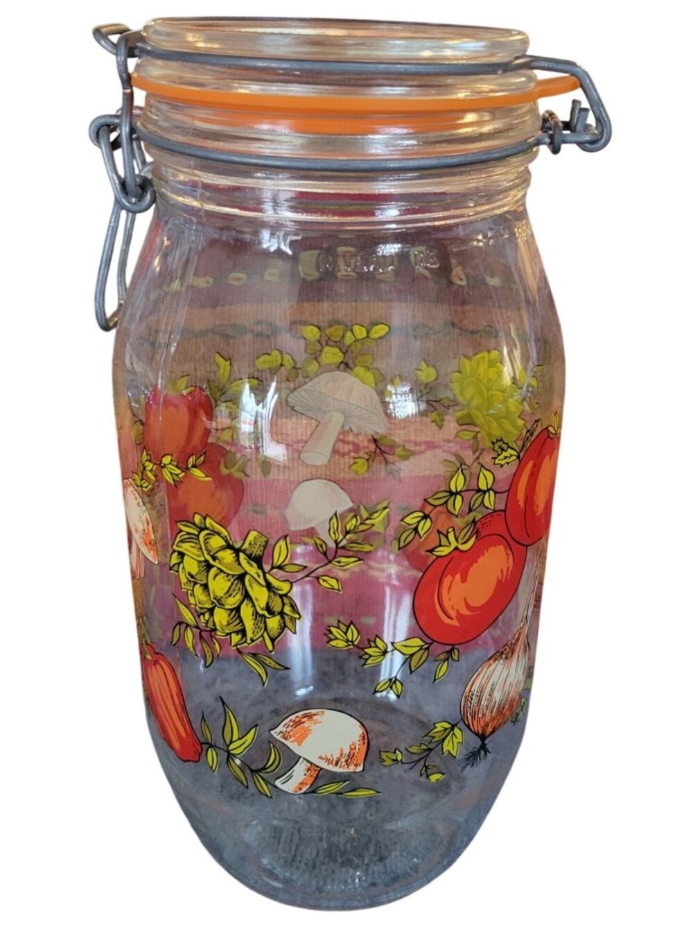 Vtg Arc France Glass 2L Jar Hinged Lid Silicone Seal Spice of Life Design 11x4"